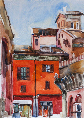 Watercolor painting of Bologna piazza di Porta Ravegnana near two towers urban medieval cityscape photo