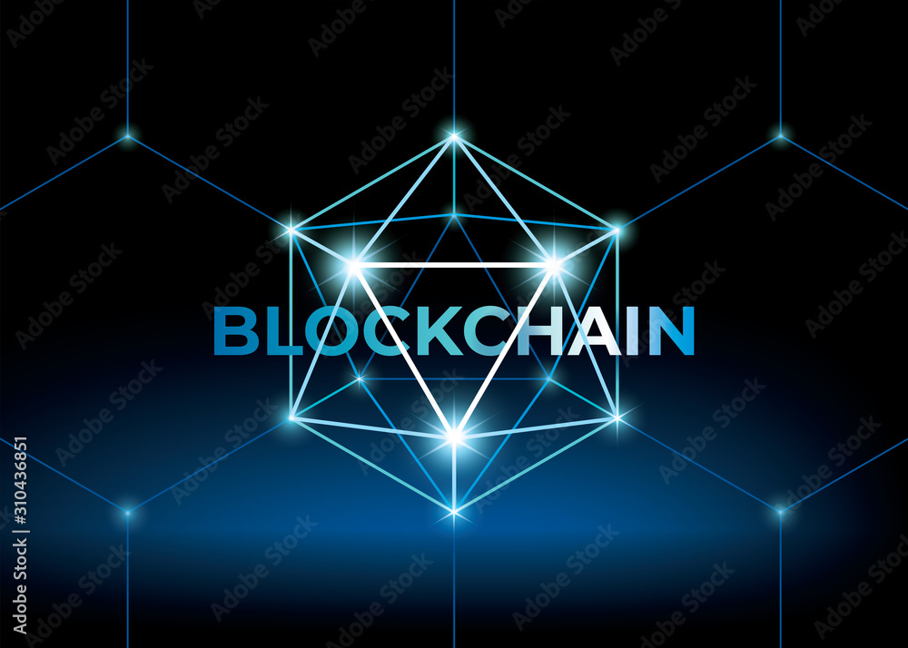 Word blockchain with low polygonal sphere. 3D hexahedron with glow. Futuristic style vector illustration.