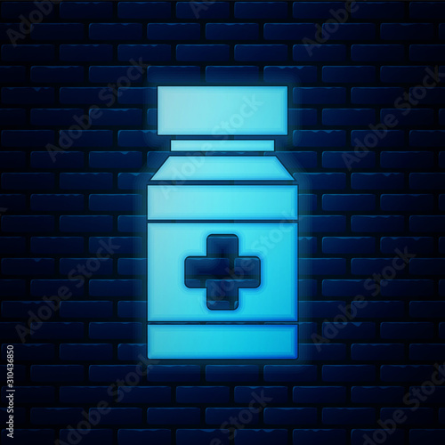 Glowing neon Dog medicine bottle and pills icon isolated on brick wall background. Container with pills. Prescription medicine for animal. Vector Illustration
