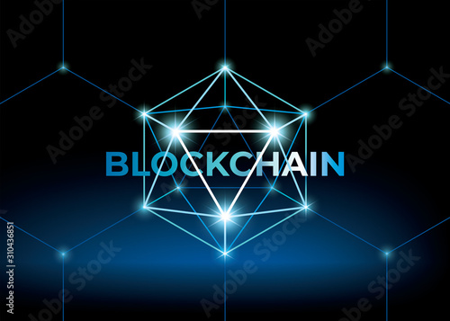 Word blockchain with low polygonal sphere. 3D hexahedron with glow. Futuristic style vector illustration.