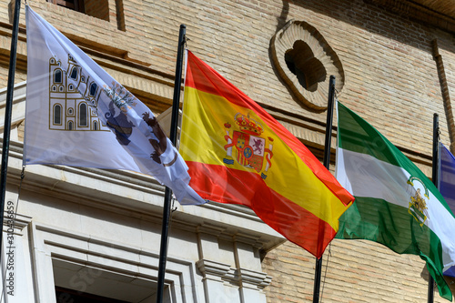 Low angle view of flags, Antequera, M�laga, Spain