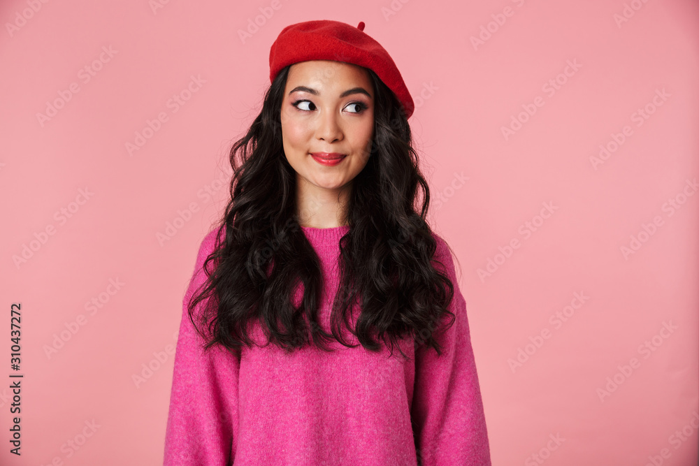 Image of positive beautiful asian girl with long dark hair wearing beret Image of positive beautiful asian girl with long dark hair wearing beret