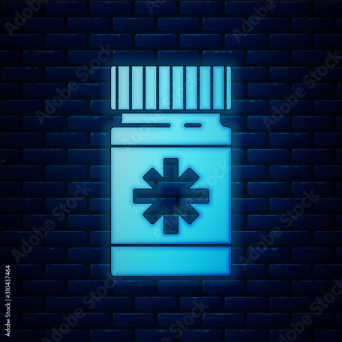 Glowing neon Dog medicine bottle and pills icon isolated on brick wall background. Container with pills. Prescription medicine for animal. Vector Illustration