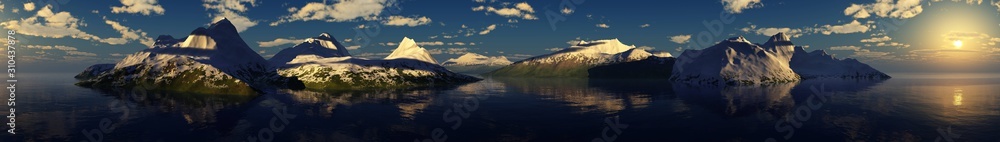 Panorama of the sea and mountains at sunset, seascape, 3D rendering.