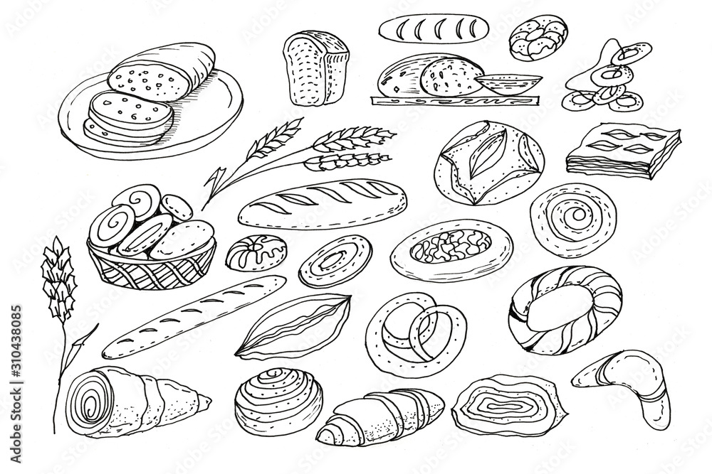 
Bread, pastries, buns, pastries, dessert muffins, doodles.
Graphic hand-drawn illustration. Separate elements on a white background. Breakfast, menu, sweets, treats, cakes, marshmallows.