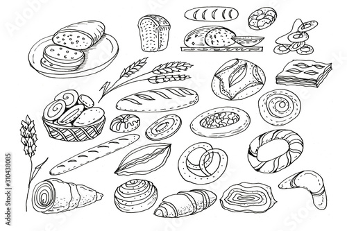 Bread, pastries, buns, pastries, dessert muffins, doodles. Graphic hand-drawn illustration. Separate elements on a white background. Breakfast, menu, sweets, treats, cakes, marshmallows.