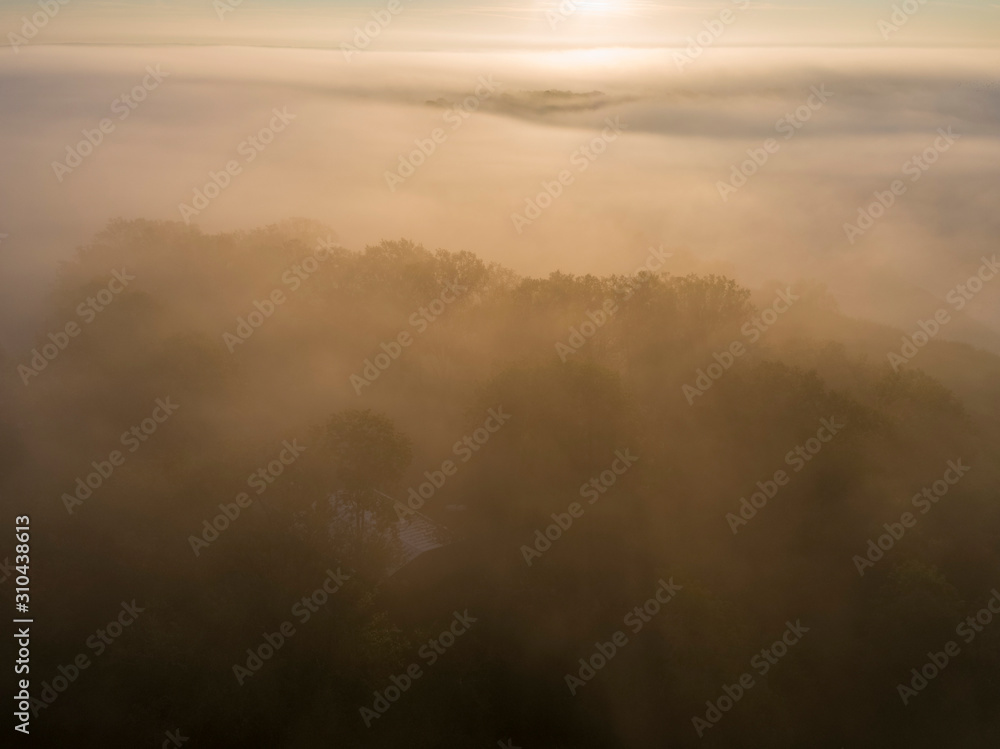 Fototapeta premium Aerial view of the dawn with fog in the fishponds, Crna Mlaka, Croatia