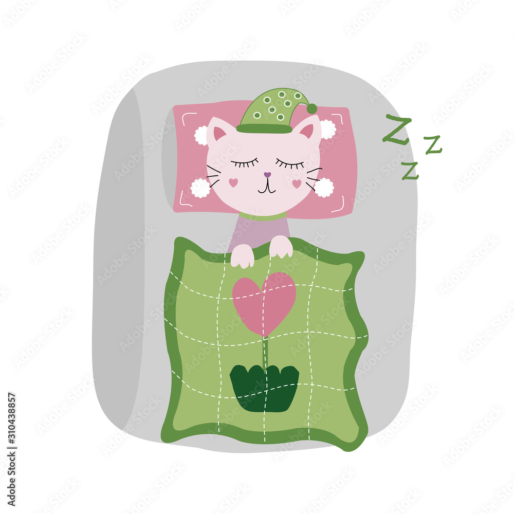 Hand drawn cat sleeping under patchwork quilt blanket. Cute cartoon cat vector. Hand drawn cat sleeping under patchwork quilt blanket. Cute cartoon cat vector.