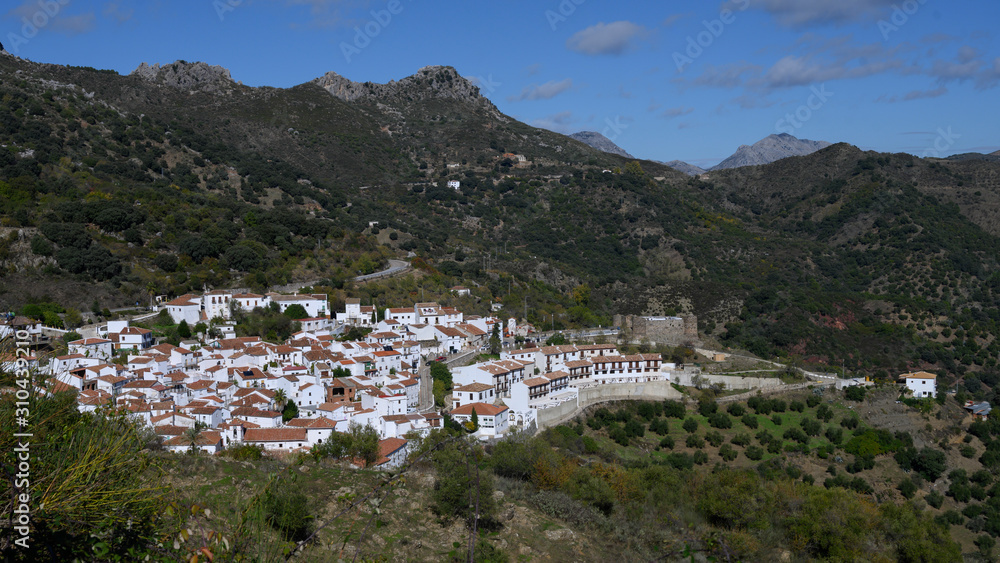 Aerial view of houses in a town, Benadalid, Malaga Province, Spain