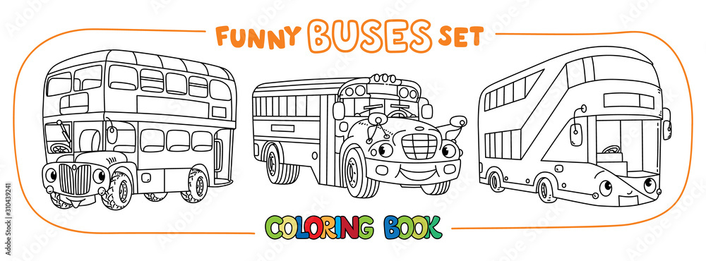 Funny buses with eyes set. Coloring book set