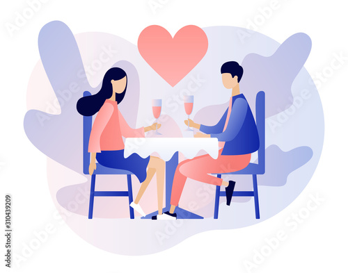 Loving couple spending time or relaxing together. Romantic dinner in restaurant. Romantic date concept. Characters Valentine day. Modern flat cartoon style. Vector illustration on white background