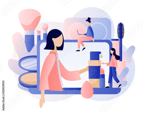 Makeup consept. Beauty blog, Make Up artist, Face Care and Beauty. Tiny people watches beauty blogger showing trend makeup tutorial. Modern flat cartoon style. Vector illustration on white background