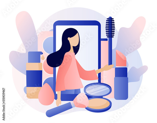 Makeup consept. Beauty blog, Make Up artist, Face Care and Beauty. Fashion blogging, internet influencer. Modern flat cartoon style. Vector illustration on white background
