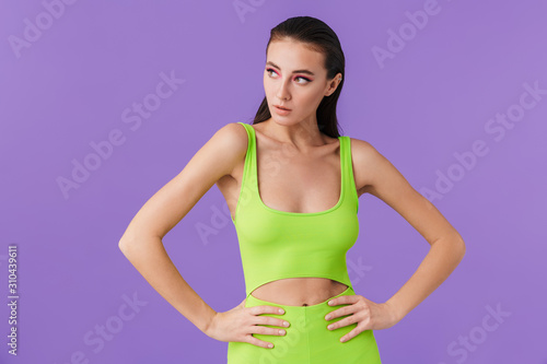 Photo of caucasian fashion woman posing and looking aside