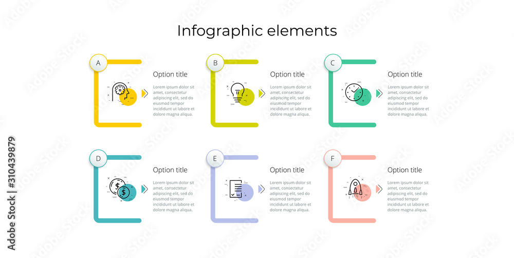 Business process chart infographics with 6 step rectangles. Rectangular corporate workflow graphic elements. Company flowchart presentation slide template. Vector info graphic design.