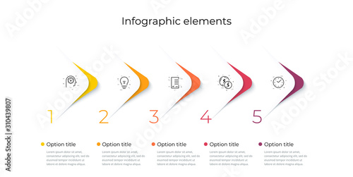 Business process chart infographics with 5 steps. Corporate workflow graphic elements. Company flowchart presentation slide template. Vector info graphic design.