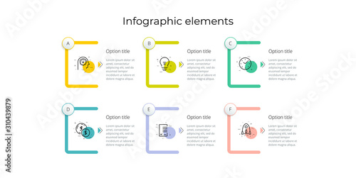 Business process chart infographics with 6 step rectangles. Rectangular corporate workflow graphic elements. Company flowchart presentation slide template. Vector info graphic design.