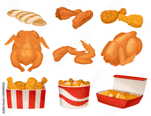 Fried Chicken with Whole and Sliced Hen Legs and Wings Vector Set