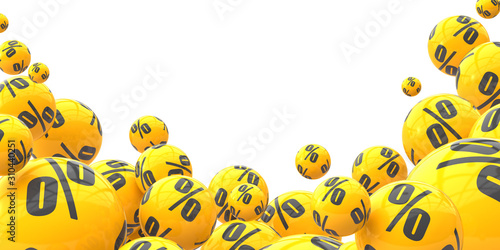 Illustration for advertising. Many flying yellow percent spheres on a white background. 3d render illustration.
