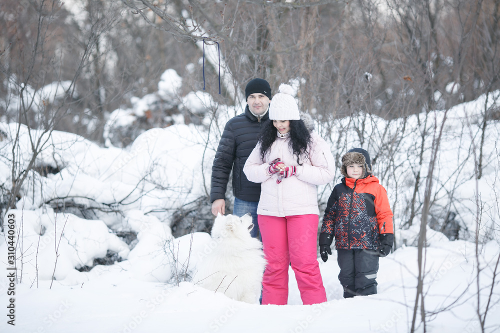 Happy family mom, dad and son playing with dog in the winter park. Winter tourism. Family sport. Happy family mom, dad and son playing with dog in the winter park. Winter tourism. Family sport.