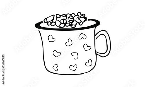 hand-drawn tea or coffee and marshmallow mug with hearts. cute tea, coffee, Valentine Doodle art. use it as a clipart in greeting cards, print on clothes, animation, packaging