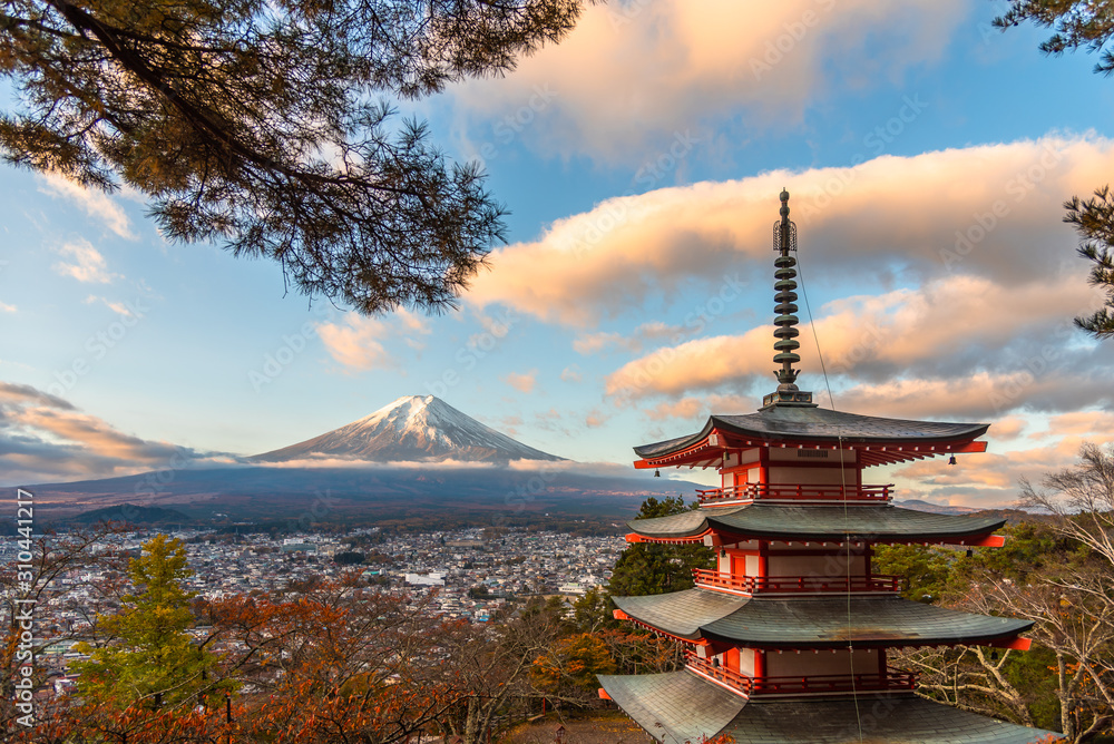 Chureito Pagoda, Mount Fuji and city in morning, Arakurayama Sengen Park (Fujiyoshida, Yamanashi Prefecture, Japan)