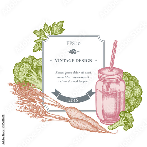 Badge design with pastel broccoli, greenery, carrot, smothie jars