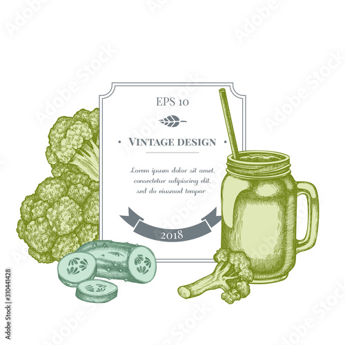 Badge design with pastel broccoli, smothie jars, cucumber