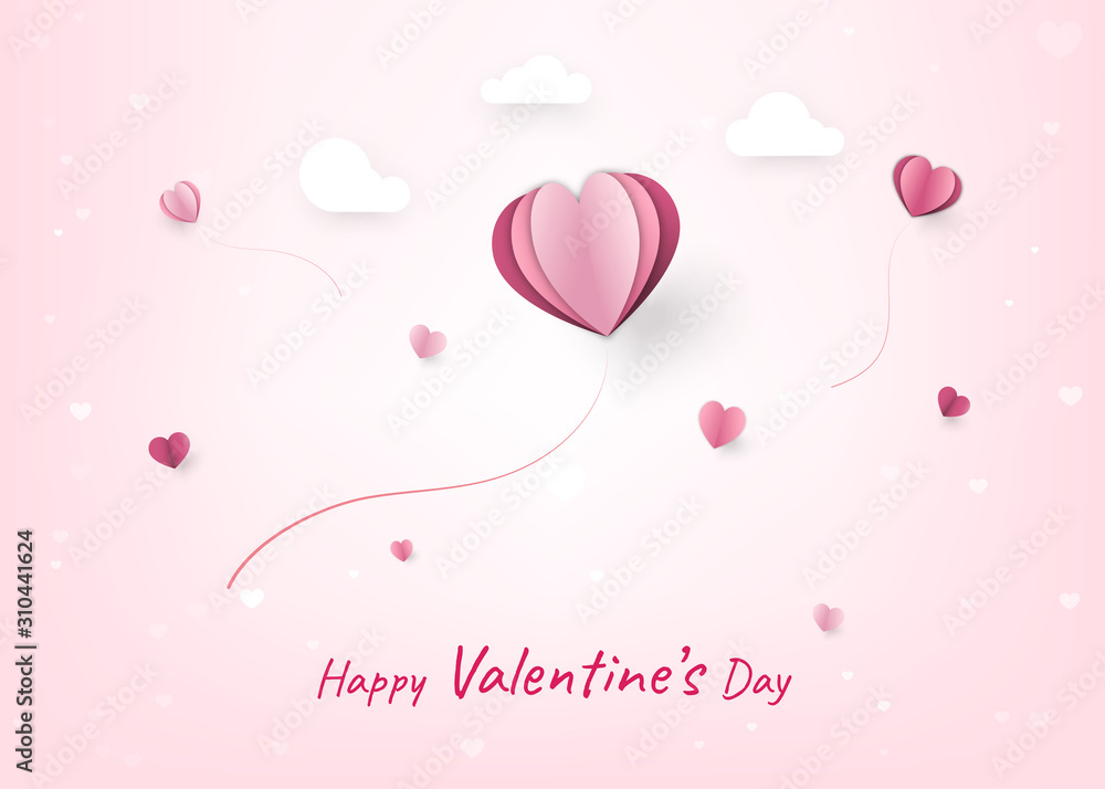 Happy Valentine's Day decoration cute design with Hearts and cloud paper cut style