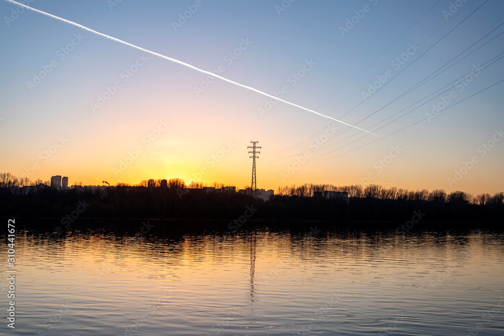 Sunset over the river Volga in city of Nizhniy Novgorod, Russia.