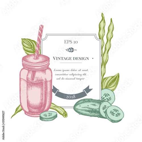 Badge design with pastel green beans, basil, smothie jars, cucumber