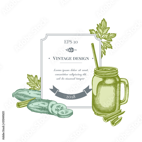 Badge design with pastel greenery, smothie jars, cucumber, celery