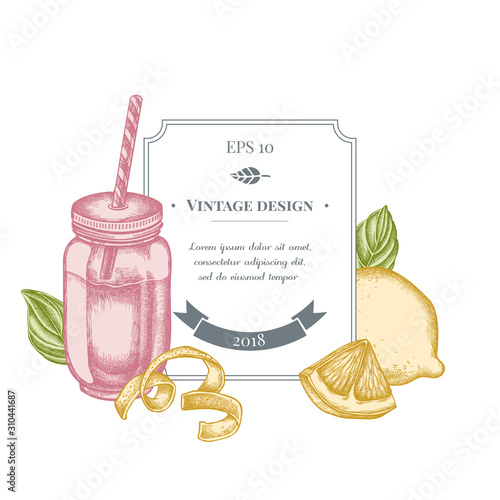Badge design with pastel lemons, basil, smothie jars