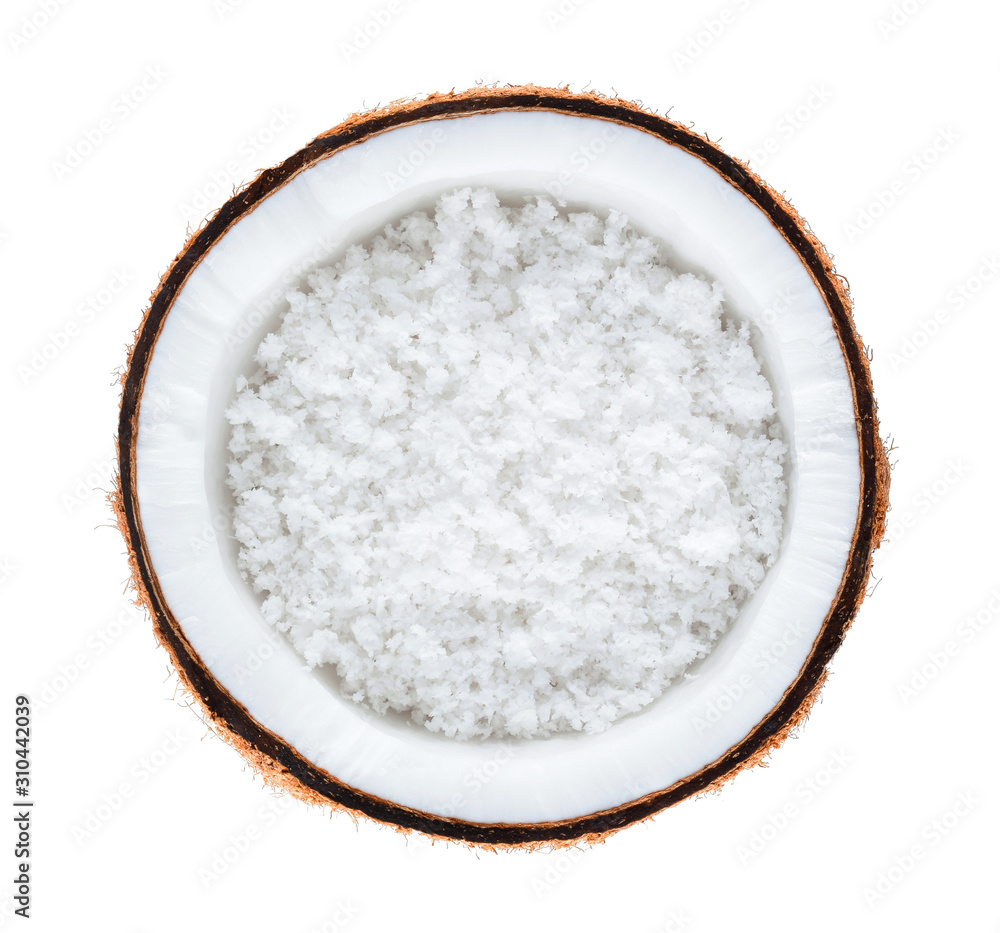 coconuts with coconuts flakes isolated on the white background coconuts with coconuts flakes isolated on the white background