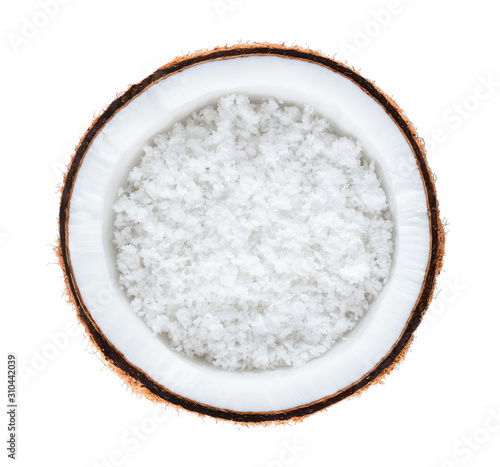 coconuts with coconuts flakes isolated on the white background