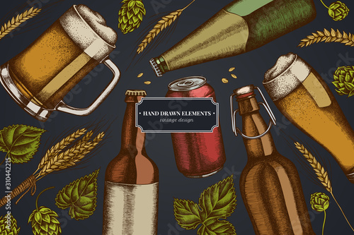 Design on dark background with rye, hop, mug of beer, bottles of beer, aluminum can
