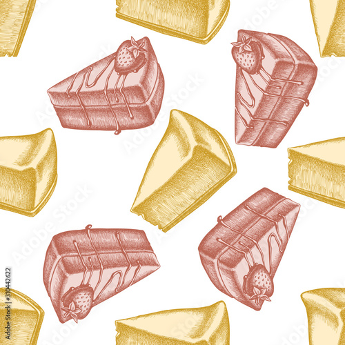 Seamless pattern with hand drawn pastel cheesecake, cake