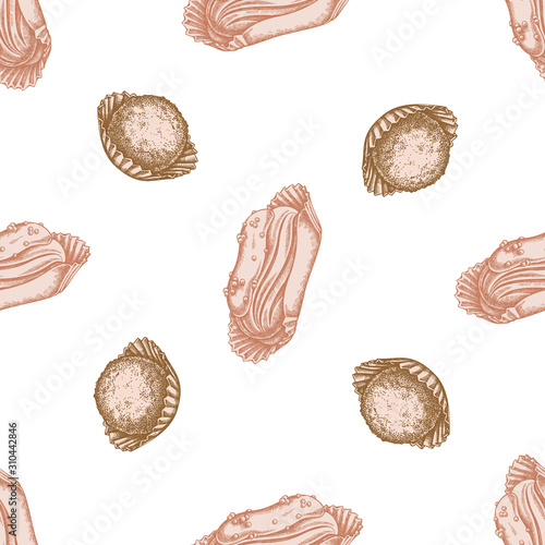Seamless pattern with hand drawn pastel eclair, truffle
