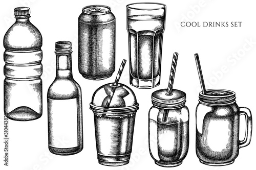 Vector set of hand drawn black and white glass, plastic bottle, bottle of lemonade, smoothie cup, aluminum can, smothie jars