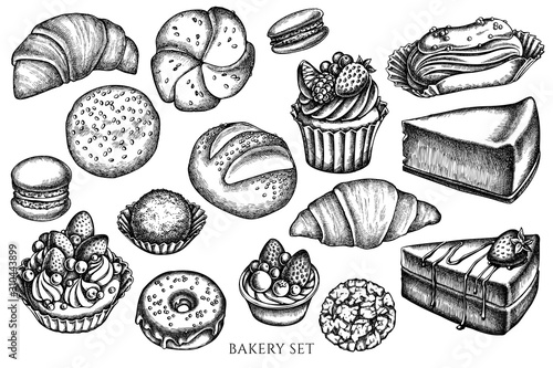 Vector set of hand drawn black and white macaron, buns and bread, croissants and bread, cheesecake, eclair, cupcake, cake, donut, cookie, truffle, cake, tartlet