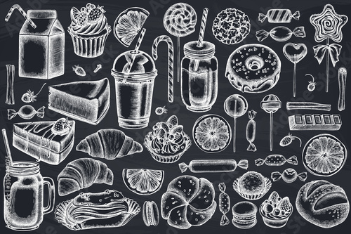 Vector set of hand drawn chalk cinnamon, macaron, lollipop, bar, candies, oranges, buns and bread, croissants and bread, strawberry, milk boxes, smoothie cup, lollipop, smothie jars, cheesecake