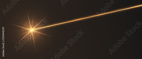 Orange laser beam light effect isolated on transparent background. Neon light ray with sparkles.