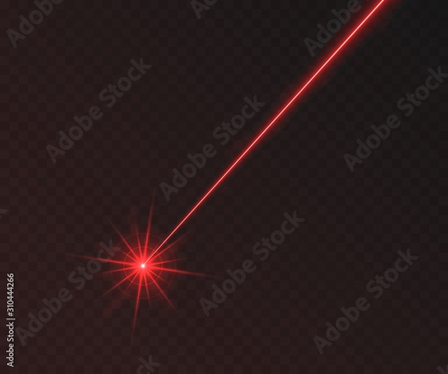 Red laser beam light effect isolated on transparent background. Neon light ray.