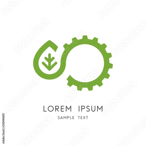 Green power logo - leaf and gear wheel or pinion symbol. Alternative energy source, industry and nature, environment and ecology vector icon.