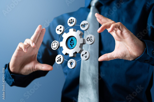 Businessman show cogwheel management circle icon of business