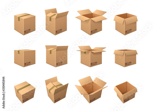 Large set of twelve different brown cardboard packing boxes showing it taped shut, partially opened and with all the flaps wide open isolated on white, vector illustration