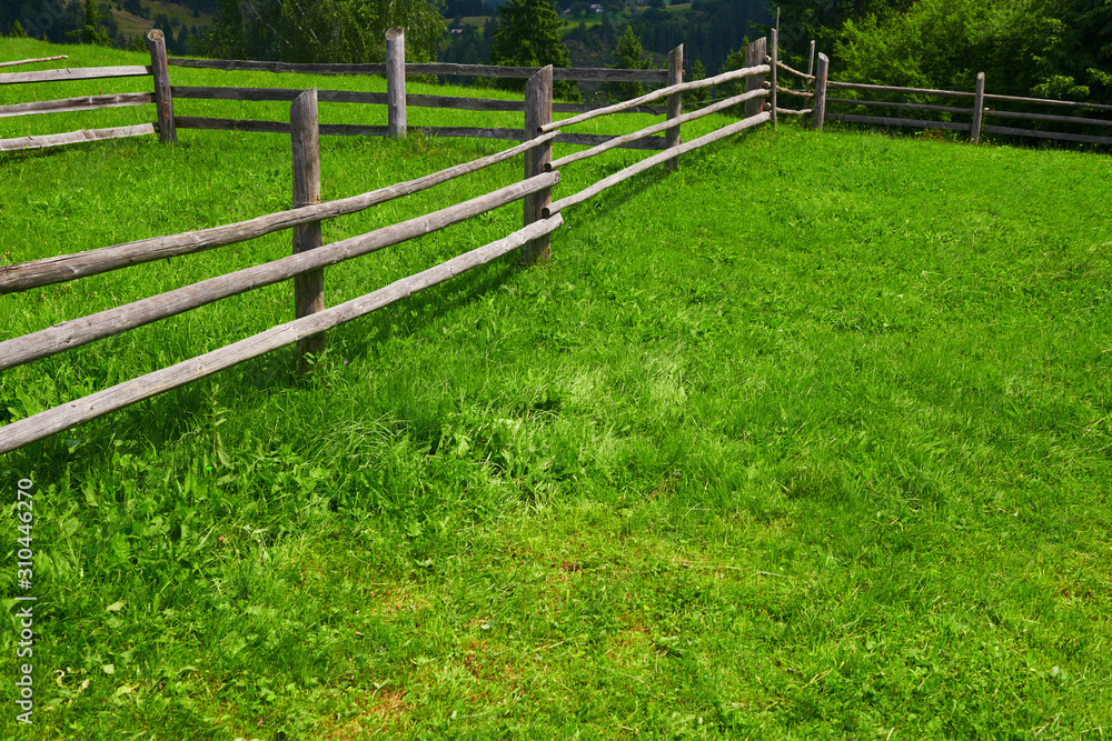 wooden fence on a ranch closeup, beautiful summer landscape, spruces on hills, cloudy sky and wildflowers - travel destination scenic, carpathian mountains