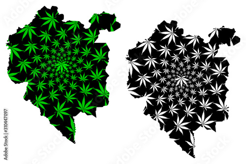 Denguele District (Ivory Coast, Republic of Cote dIvoire) map is designed cannabis leaf green and black, Denguele map made of marijuana (marihuana,THC) foliage.... photo