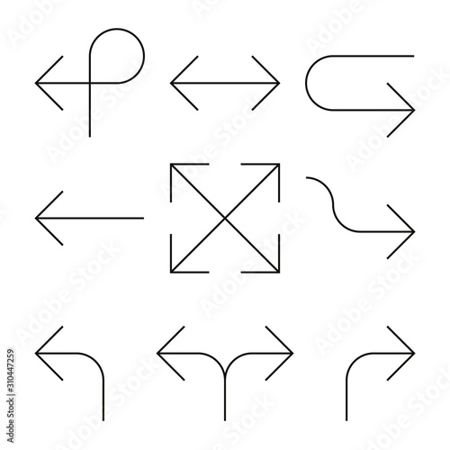 Set of arrows. Simple thin black line arrow design. Flat vector icons