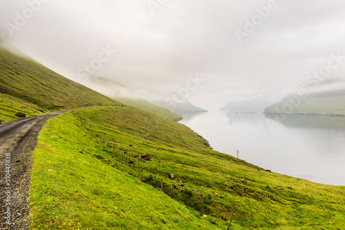 Road by the edge of fjord with green grass covering hills and foggy landscape on horizon.